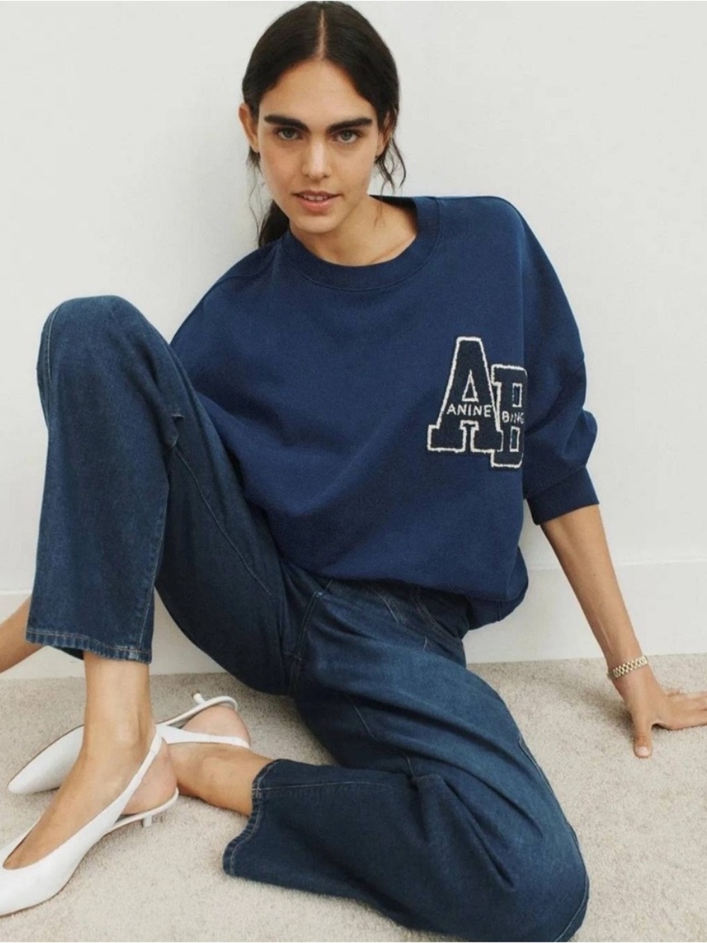 Anine Bing Miles Navy Logo Crewneck Sweatshirt